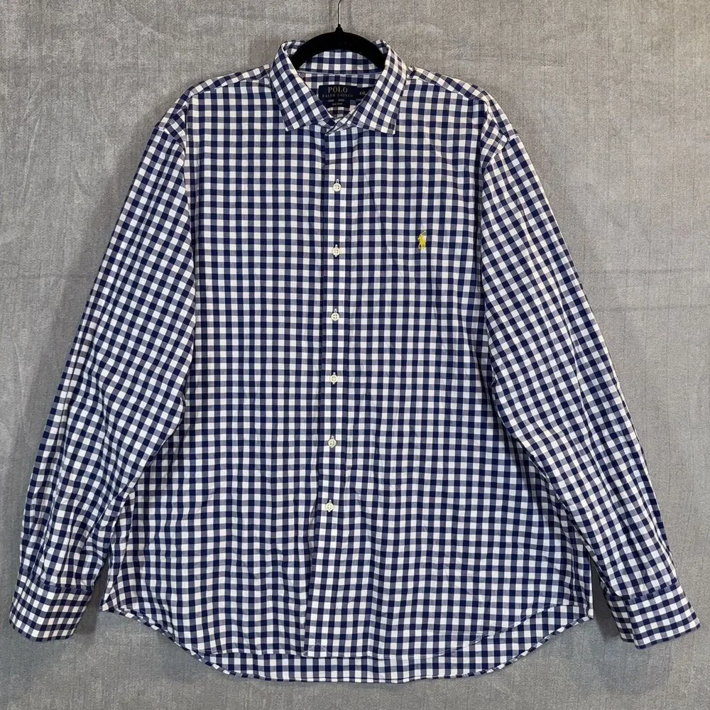 Polo Ralph Lauren Mens XXL Blue Gingham Non-Iron Long Sleeve Button Down Shirt